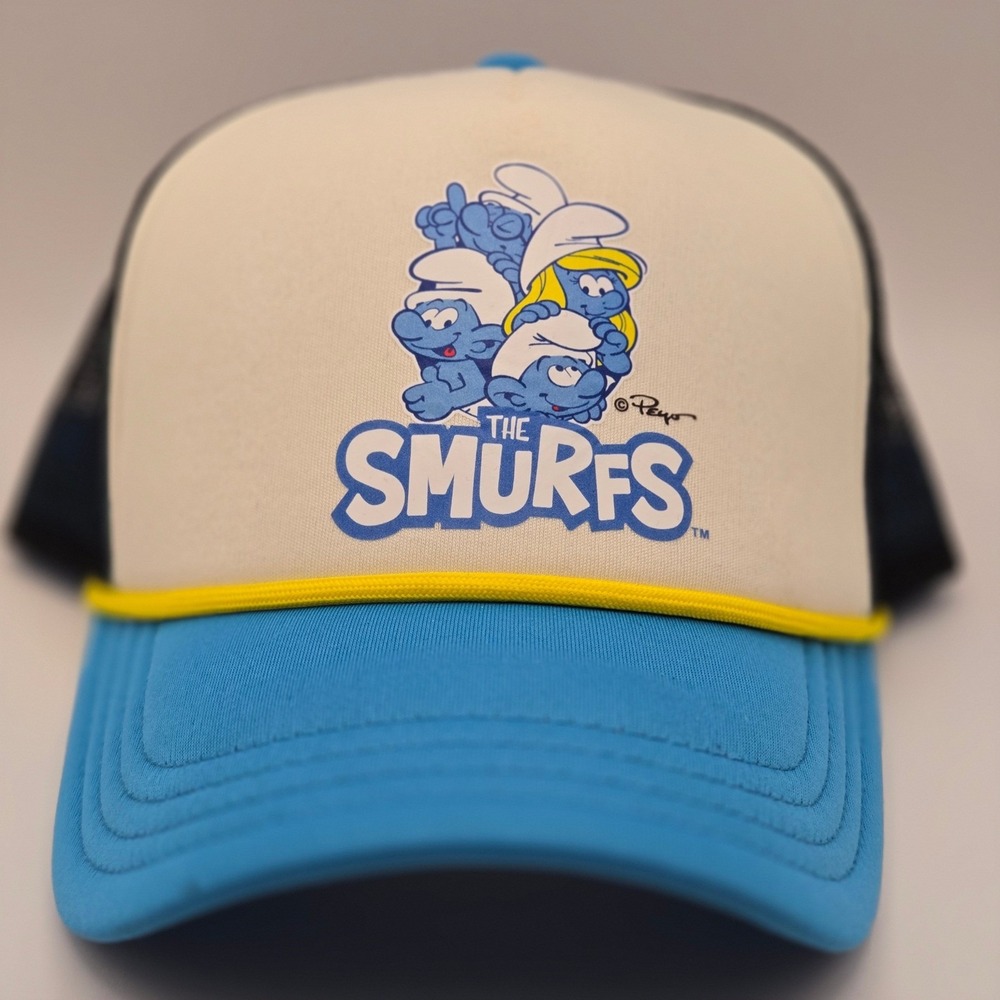 The Smurfs SWAG NEW One Size Trucker Hat Retro 80s Cartoon Mesh Cap Blue